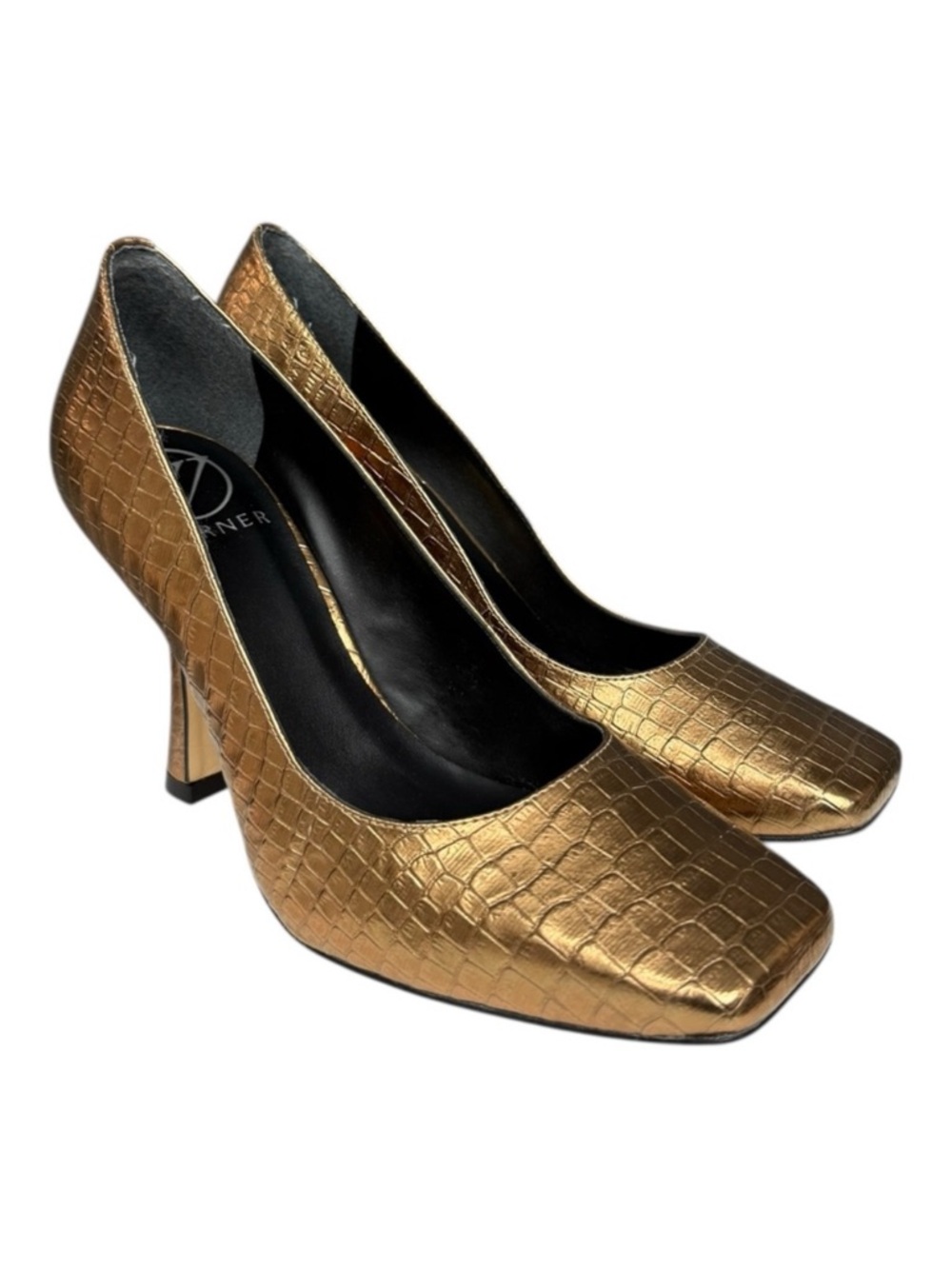 Werner Bronze Gold Croc Embossed Square Toe Heels Women’s 8 Heels